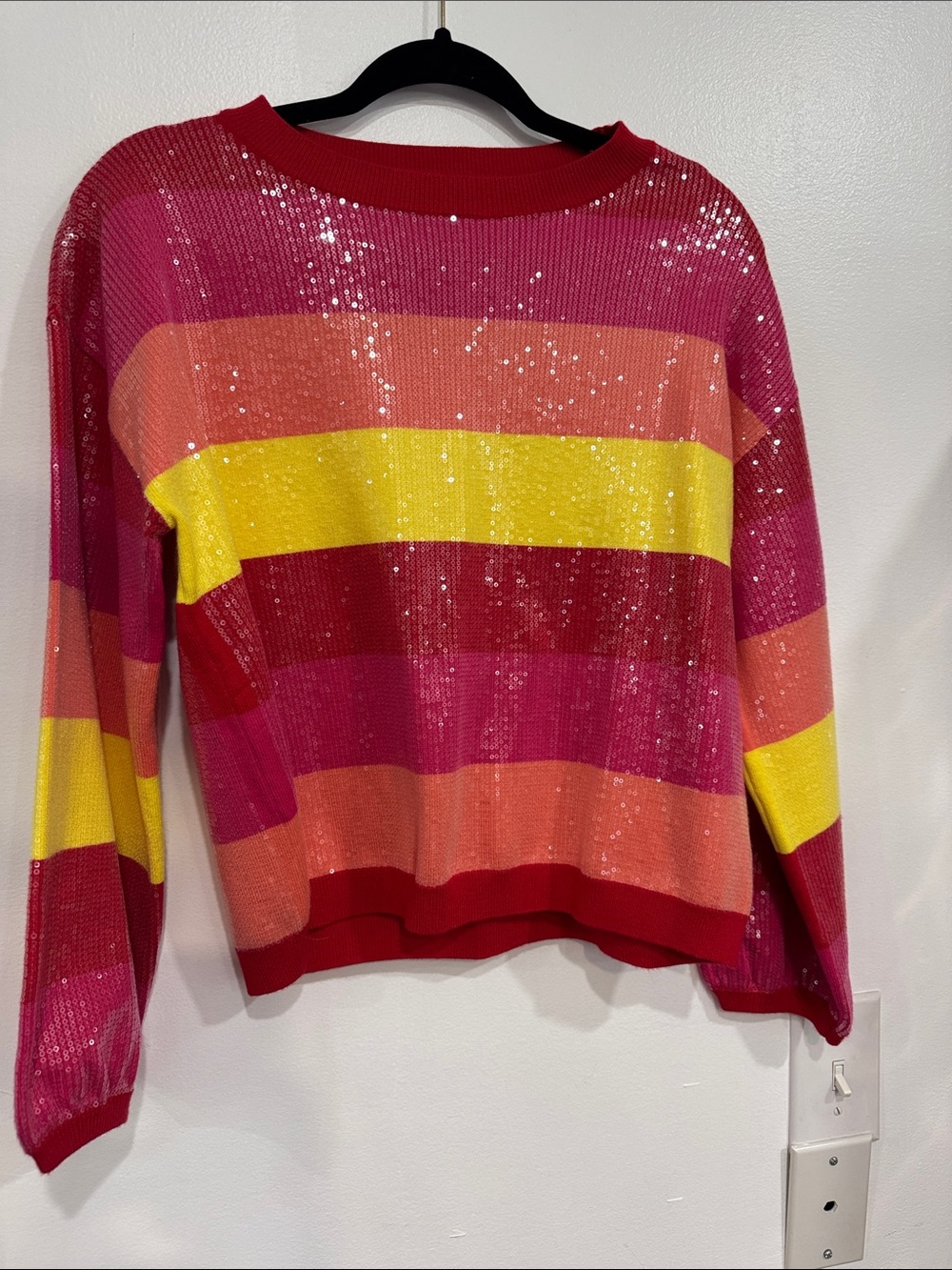 JODIFL Sequin Striped Crewneck Sweater - Pink, Red, Coral, Yellow